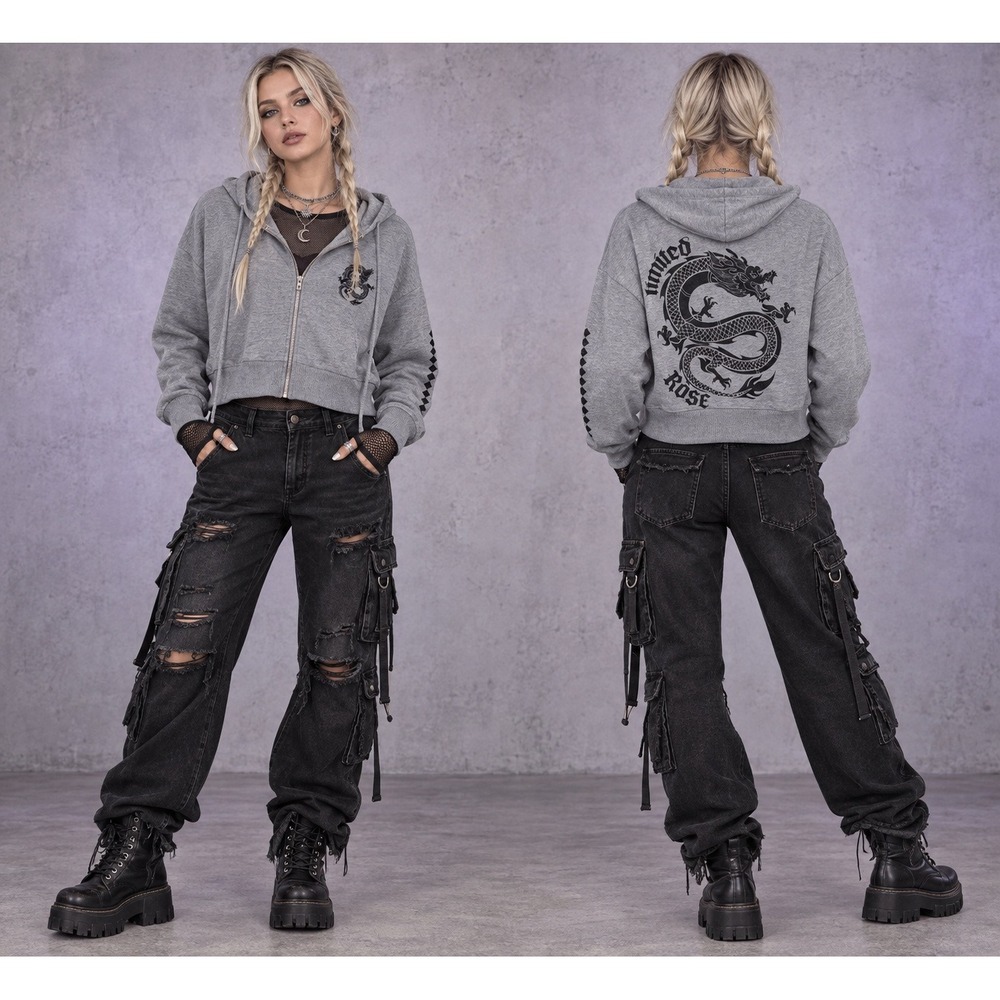 Streetwear Grunge Gray Dragon Faded Rose Limited Edition Crop Zip Up L Hoodie